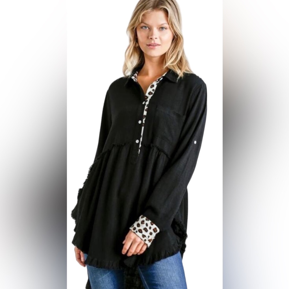 Black Umgee Cheetah Trim Tunic Hi/Low Top Button Front Frayed Hem Size S